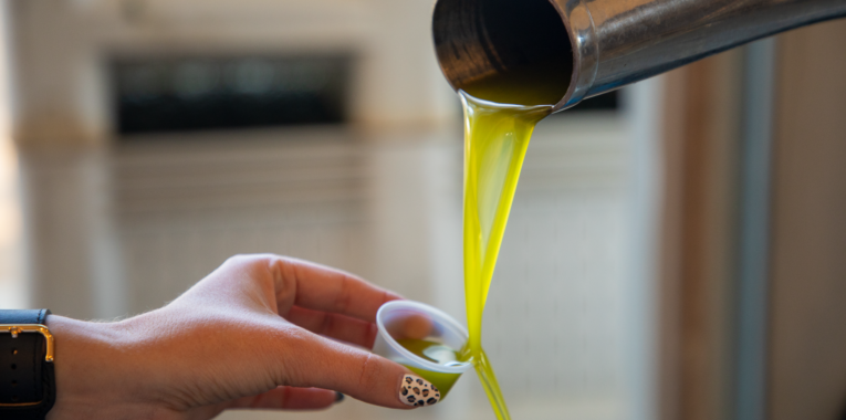 Olive oil pouring from press into tasting cup