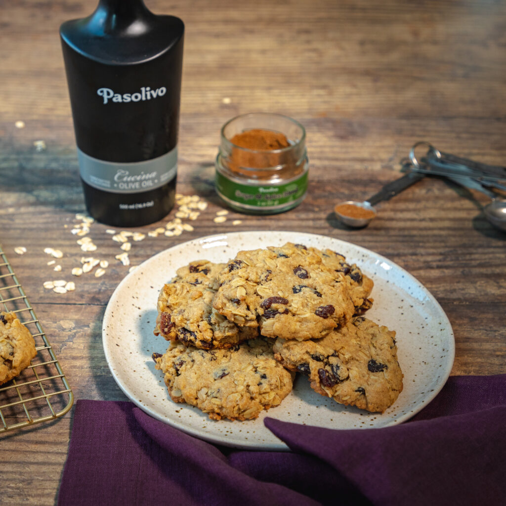 A batch of oatmeal cookies baked with Pasolivo's Cucina Olive Oil